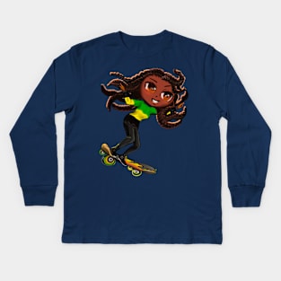 Jamaican jumper women skateboarding girl manga anime girl Jamaican girl on skateboard wearing jumper with colours of Jamaican flag black green and yellow women Kids Long Sleeve T-Shirt